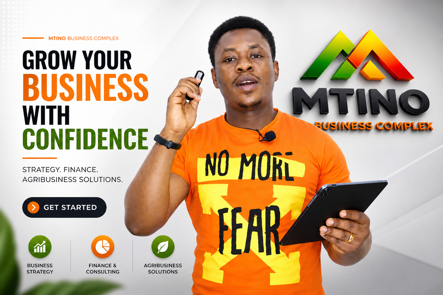 Professional MTINO Business Complex website banner showing a presenter with tablet promoting business strategy, finance consulting, and agribusiness solutions.